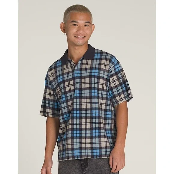 Vans Bellmoor Plaid Polo Shirt Men Large Blue Navy Tan Loose Fit VN000KUNE88 NWT