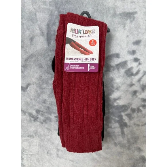 Muk Luks Women’s 2 Pair Pack Knee High Socks Size 6-11 Red & Black
