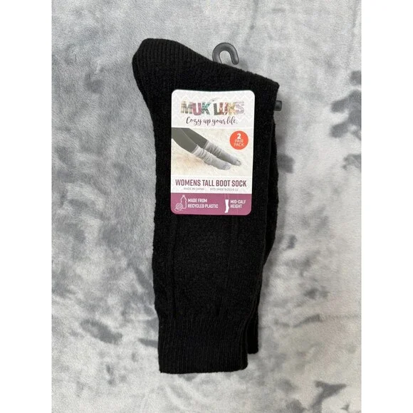 Muk Luks Women’s 2 Pair Pack Tall Boot Socks Mid-Calf Height size 6-11 Black