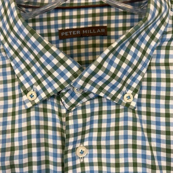 VTG‎ Peter Millar Shirt Men's XXL 2XL Blue/Green Check Plaid Button Up Light