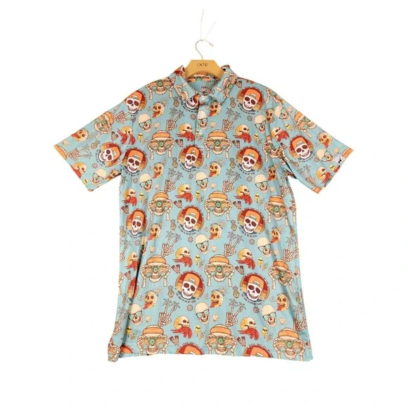 Proud 90 Golf‎ Is Fun Mens Blue Skull Tropical Print Performance Polo Shirt M