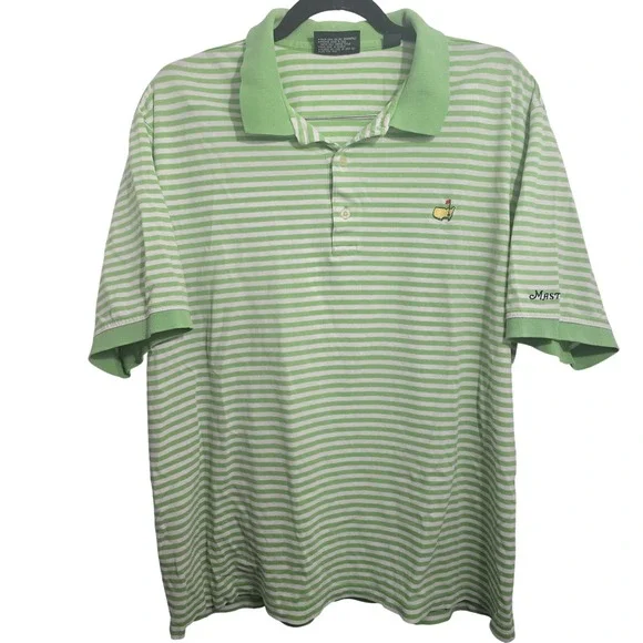 Masters Collection Mens XL Green White Striped Golf Polo Shirt 100% Cotton Pique