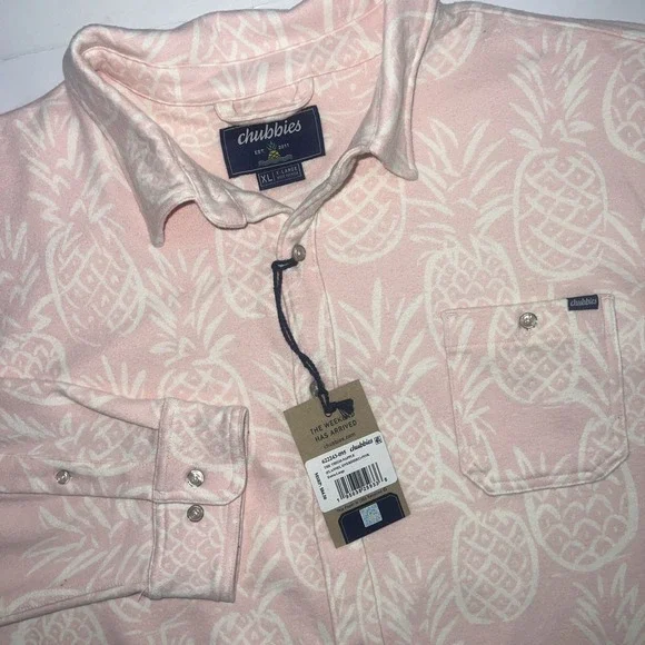 Chubbies Men's The Thigh Napple Pink Pineapple Fleece Flannel Over Shirt Size XL