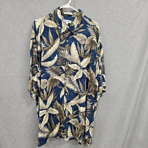 Pierre Cardin Mens XXL Tropical Palm Leaf Rayon Button Down Shirt Navy Blue‎ Tan