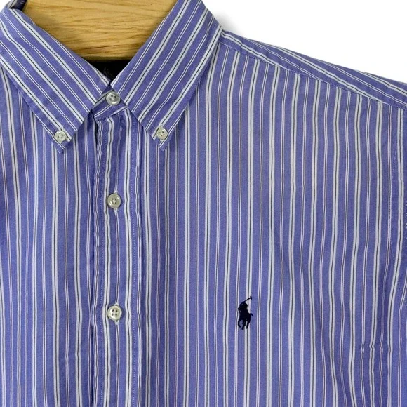 Ralph Lauren Button‎ Front Shirt Men 16 Blue Striped Yarmouth Cotton Preppy Pony
