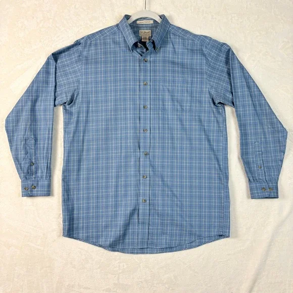 L.L.‎ Bean Button Down Shirt Mens L-Tall Blue Excellent Wrinkle Resistant Grid