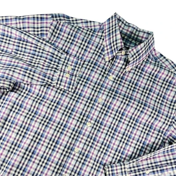 Jos. A. Bank Traveler's Collection Shirt Mens Large Purple Blue Plaid L/S Cotton