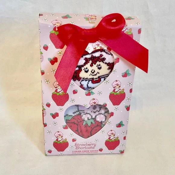 Strawberry Shortcake 2 Pair Crew Socks Gift Box‎ Set Pink Oatmeal Shoe Size 4-10