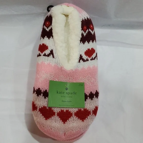 Kate Spade pink red argyle look shearling lined footlet house home socks‎ new OS