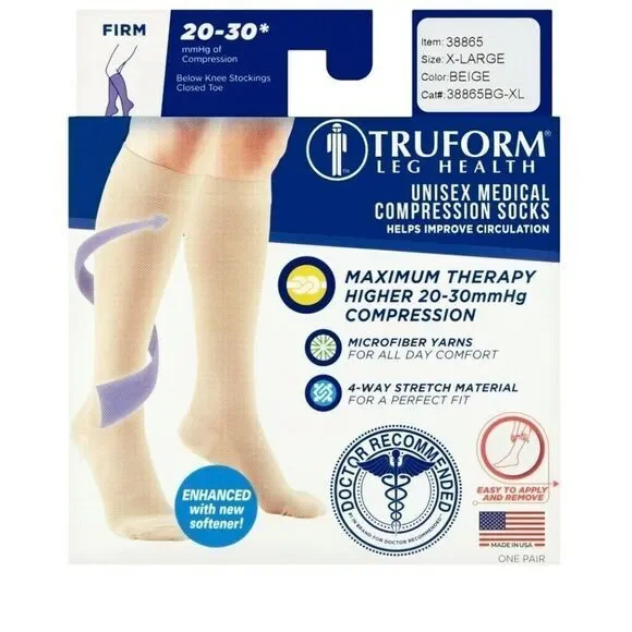 Truform Compression Socks Knee High Closed Toe Firm 20-30 Size XL XLarge‎ Beige