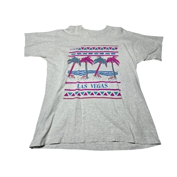 Vintage 90s Las‎ Vegas Palm Tree Graphic Tee Gray USA Made XL (Fits L)