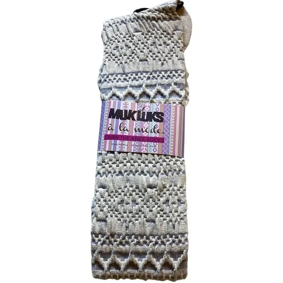 MUK LUKS Over the Knee Socks, Pale Blue & Ivory‎ Design NEW OSFM