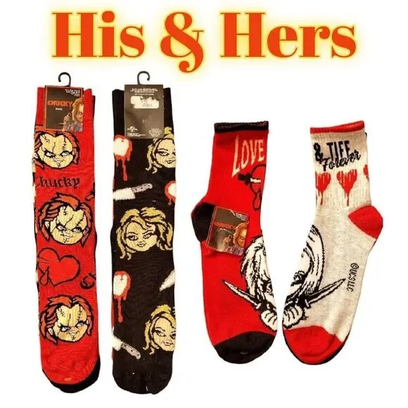 Chucky &‎ Tiffany His & Hers Socks NWT 2 Pairs Mens 2 Pairs Womens Red Black