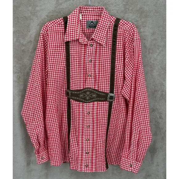 Zugspitz Trachten Shirt Men Medium Red White Gingham Oktoberfest Bavarian German