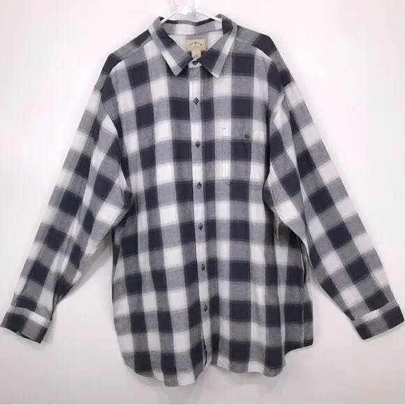 Blue Mountain Charcoal Gray White Plaid Flannel Button Down Casual Shirt