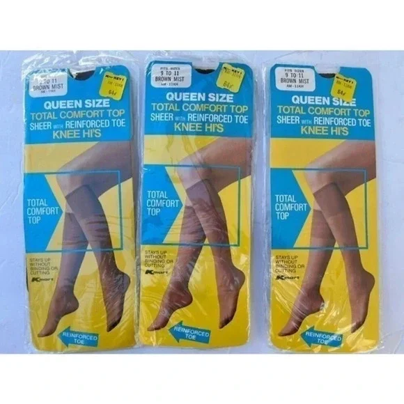 Vintage Kmart Queen Size Comfort Top Reinforced Toe‎ Knee Hi's 3 Brown Mist 9-11