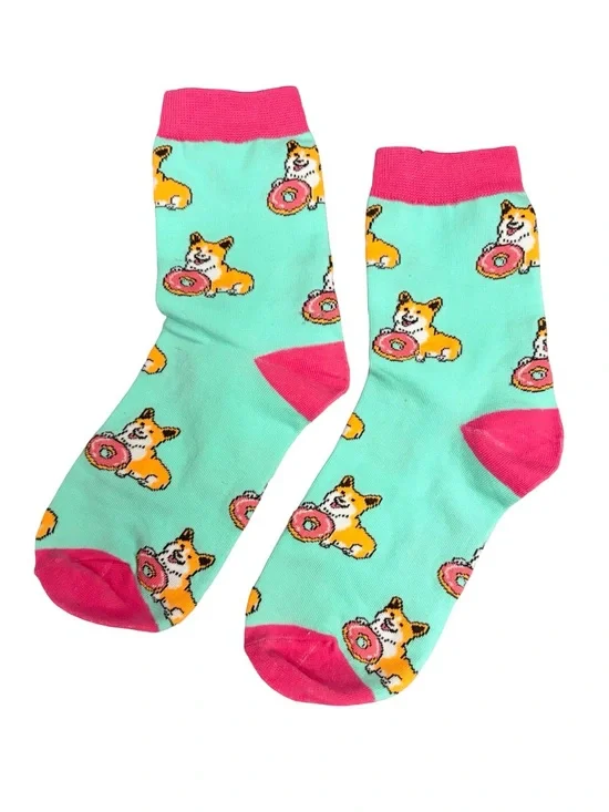 Blue Pink Corgi Donut Novelty Socks Womens Size 5-8