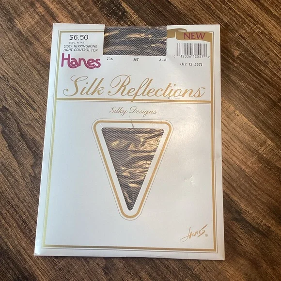 Vintage NEW Hanes Silk Reflections Silky Black Herringbone Control Top Pantyhose