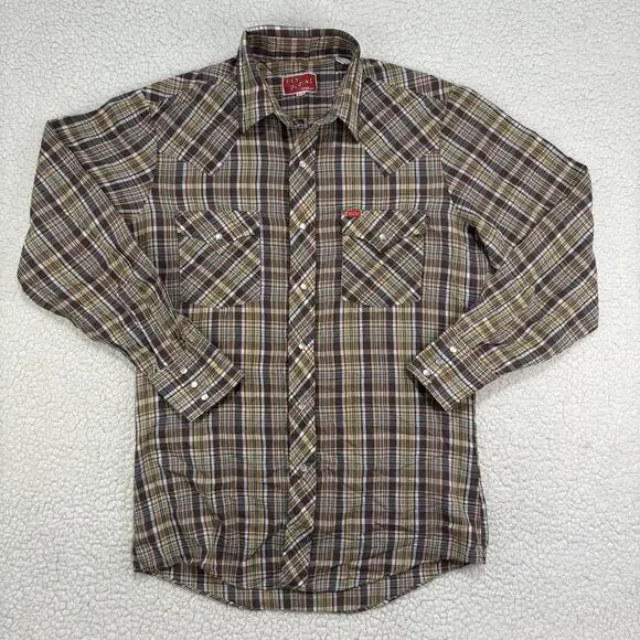 Vintage Ely Plains Pearl Snap Western Shirt Size 15-33 Yellow Brown Blue Plaid‎