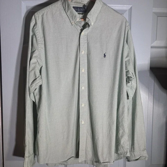Ralph Lauren Custom Fit Button Up Shirt 18  36/37‎ Green White Blue Cotton XL