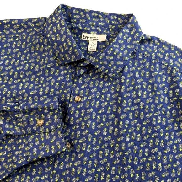 Bar‎ III XL Slim Fit Blue Pineapple Print Cotton Long Sleeve Button Down Shirt