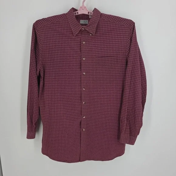 L.L. Bean Maroon Check Men's LS Cotton Button‎ Up Shirt Size XL-T