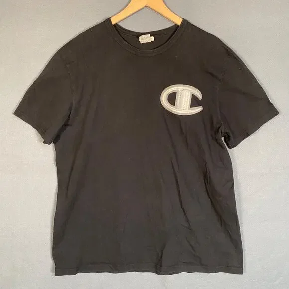 Vintage Champion Mens‎ T Shirt Size XL Black Embroidered Logo Classic Essential
