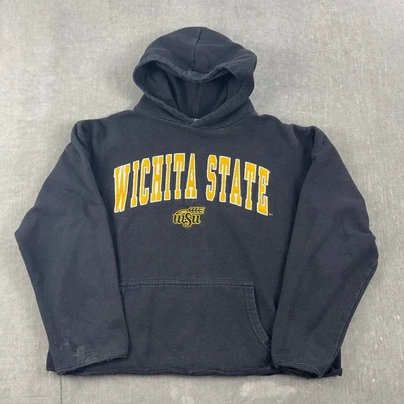 Wichita State Old Varsity Brand Mens Medium Black Hoodie‎ Raw Hem Distressed