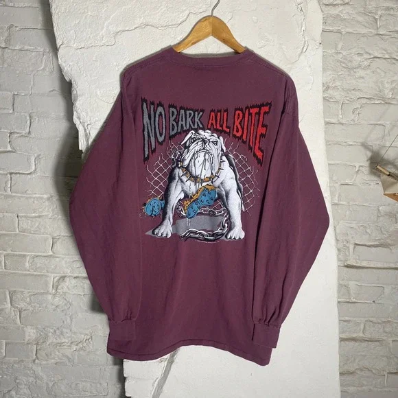 Vintage 1994 Lifeforms No Bark All Bite Bulldog‎ Graphic Long Sleeve T Shirt XL