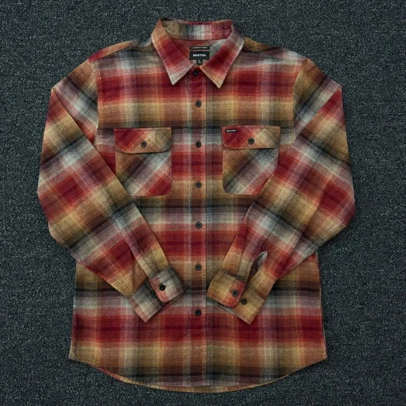 Brixton Bowery Flannel Shirt Mens Large Red Orange Plaid Long‎ Sleeve Button Up