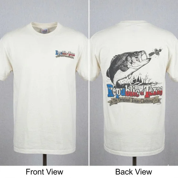 Republic of Texas T Shirt‎ Mens Large White Bass Fishing Graphic Outdoor Flag