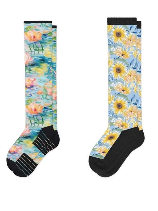 Women’s Floral Knee-High Sock Duo in Blue, Yellow & Pink Sz L/XL