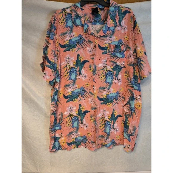 Disney‎ Lilo & Stitch Men's Shirt Medium Button Down Hawaiian Pink Funny