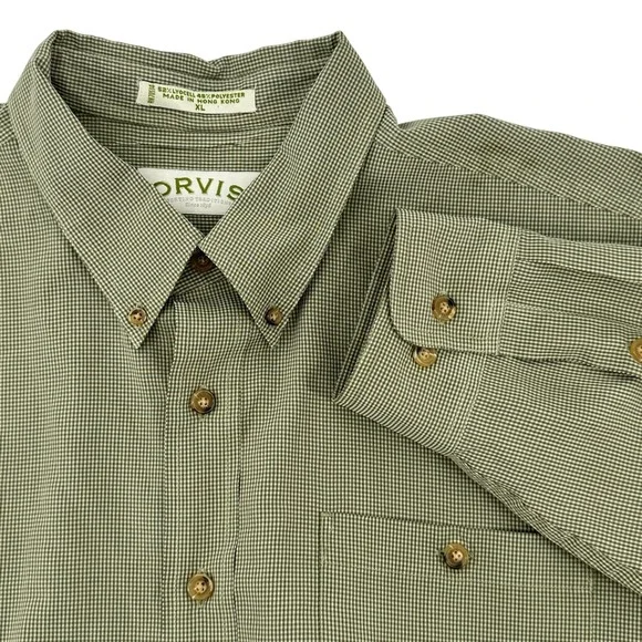 ORVIS Shirt Mens XL Button Down Long Sleeve Green Gingham‎ Poly/Lyocell Blend