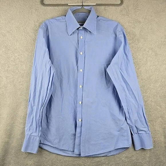 Versace Collection City Shirt Men's 16 / 42 Blue Cotton Preppy Dress Embroidered