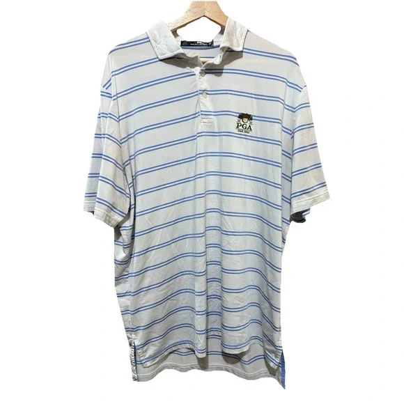 Polo Ralph Lauren RLX Golf White Blue Stripes Polo PGA Oak Hill‎ Shirt Mens XL