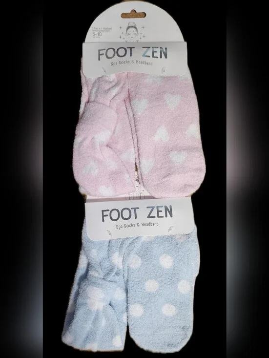 Choice Of Color*FOOT ZEN Spa Socks & Headband Pink Hearts Or Blue Polka Dot Set