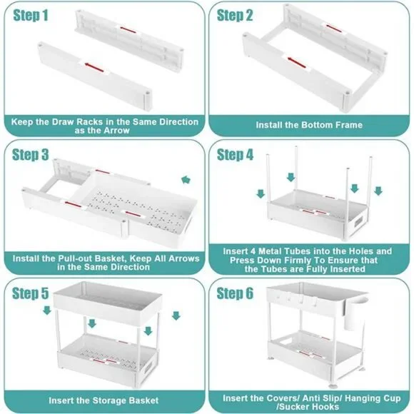 2-Tier Pull Out under sink organizers and storage, bathroom organizer with Hook