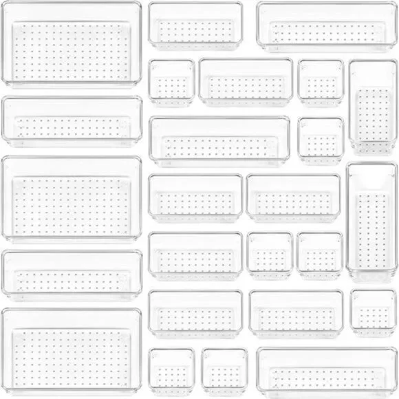 25 PCS Clear Plastic Drawer Organizers Set,  4-Size Versatile Bathroom
