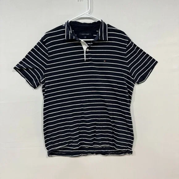Tommy‎ Hilfiger Polo Shirt Men's L Navy Blue White Striped Short Sleeve