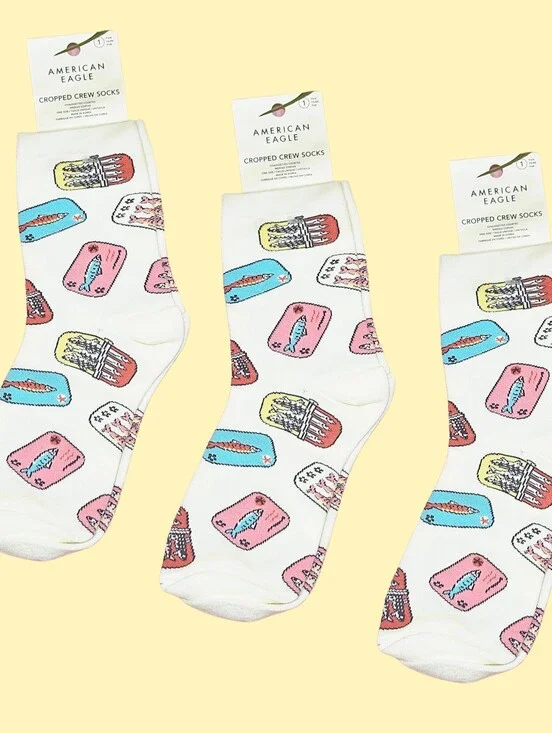 American Eagle Sardine Socks Cropped Crew Socks Cream Fish Novelty Trendy 3 Pair
