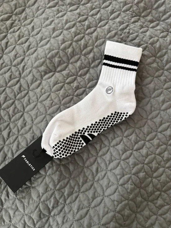 Fabletics White Grip Athletic Socks with Black Stripes