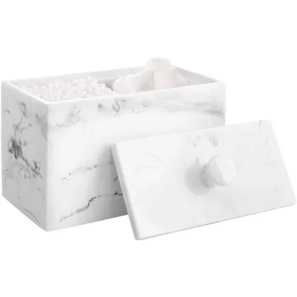 Cotton Swab Holder, Resin Cotton Ball Canister w/ Lid, 2 Compartment Dispenser