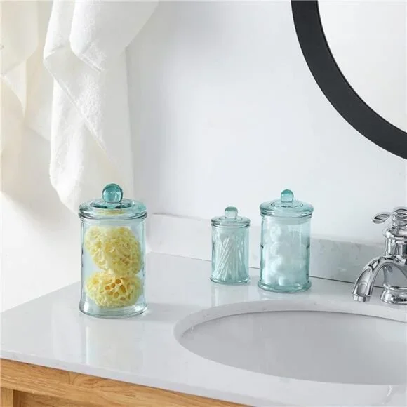 Glass Apothecary Jar | Bathroom Storage Organizer Canister (Set of 3, Blue)