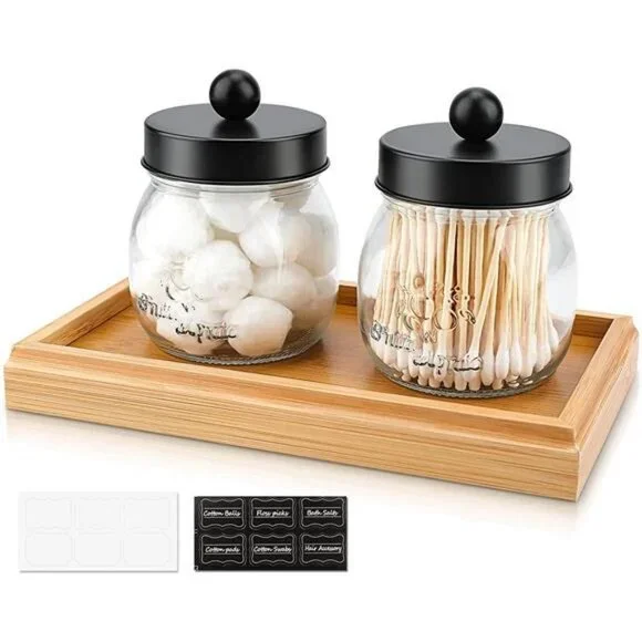 Glass Apothecary Jars with Lids Set, Glass Holder with Bamboo Tray, 2 Pack