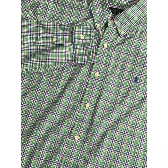 Polo‎ Ralph Lauren Button Down Shirt Mens Large Plaid 100% Cotton Stretch Office