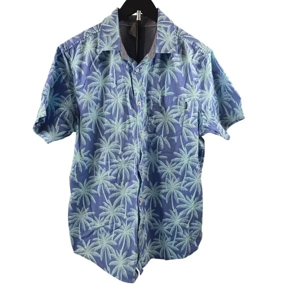 Hurley Mens Palm Tree Tropical Print Short Sleeve Button Up Shirt‎ Blue Large
