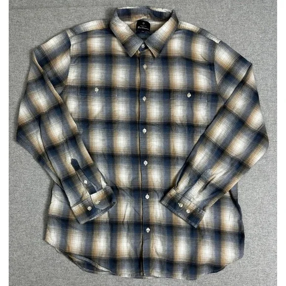 Ben Sherman Mens XXL Blue Tan Plaid Long Sleeve Button Down‎ Flannel Shirt