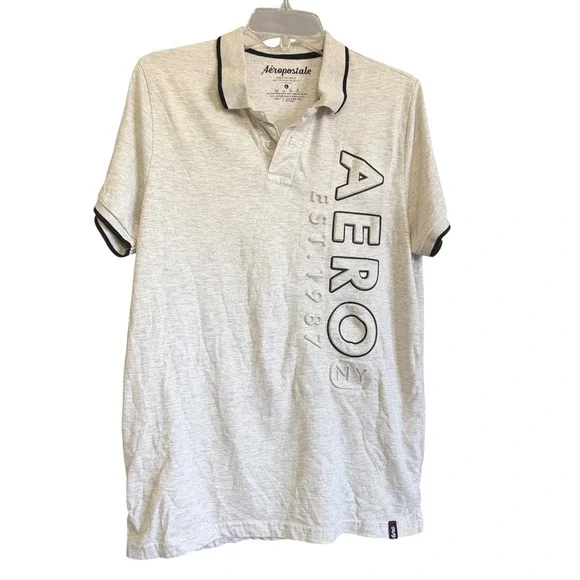 Aeropostale Mens L Gray Heather‎ Embossed Aero Graphic Polo Shirt Short Sleeve