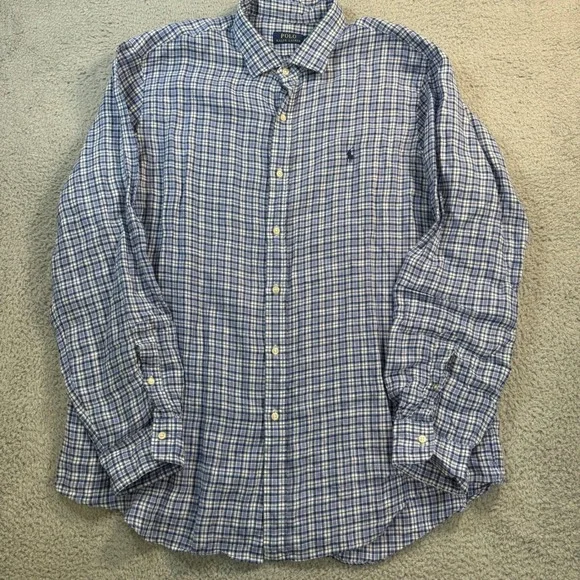 Polo Ralph Lauren Mens XXL‎ Blue White Plaid 100% Linen Button Down Shirt